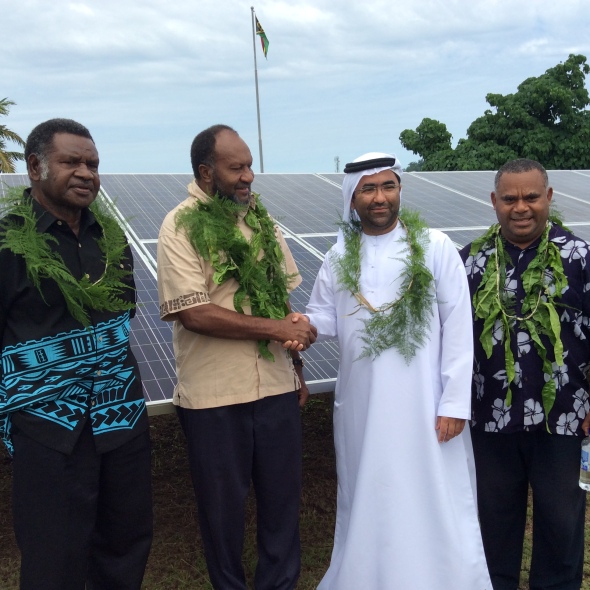 Hon. Ham Lini, Ministry of Climate Change, Disaster Management, Environment and Energy, PM Charlot Salwai, a representative of UAE's Pacific Partnership Fund and Minister for Public Utilities and Infrastructure Jotham Napat at the the official inauguration ceremony today for the 767kW Solar Grid Connected System, which will save Vanuatu 340,000 litres of imported diesel. Photo: Hilaire Bule