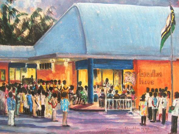 Painting of the opening of the new Brodkas Haos 1980 by Ola Reeve. Collection: Bob Makin